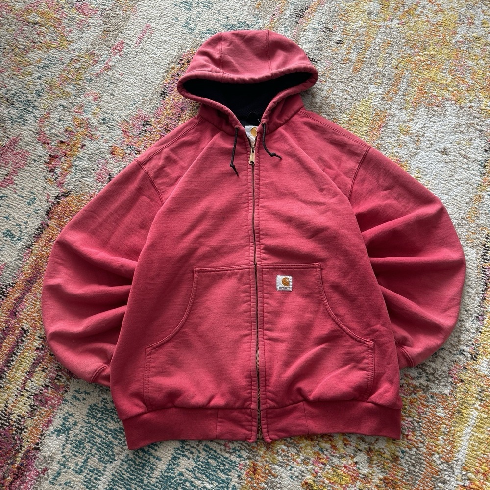 Vintage Carhartt Thermal Zip Up Hoodie Mens L Red J149 INR Heavy Workwear Y2K - Picture 2 of 10